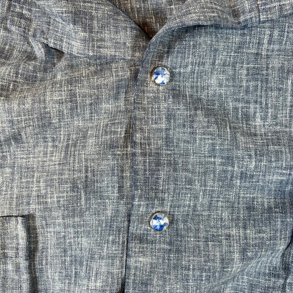 Vintage Mens Guayabera Blue Chambray Short Sleeve Pearl Snap‎ Shirt Size L 70s - Picture 3 of 6